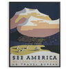 A vintage travel poster depicting serene landscapes of America in green and blue hues - in a black frame