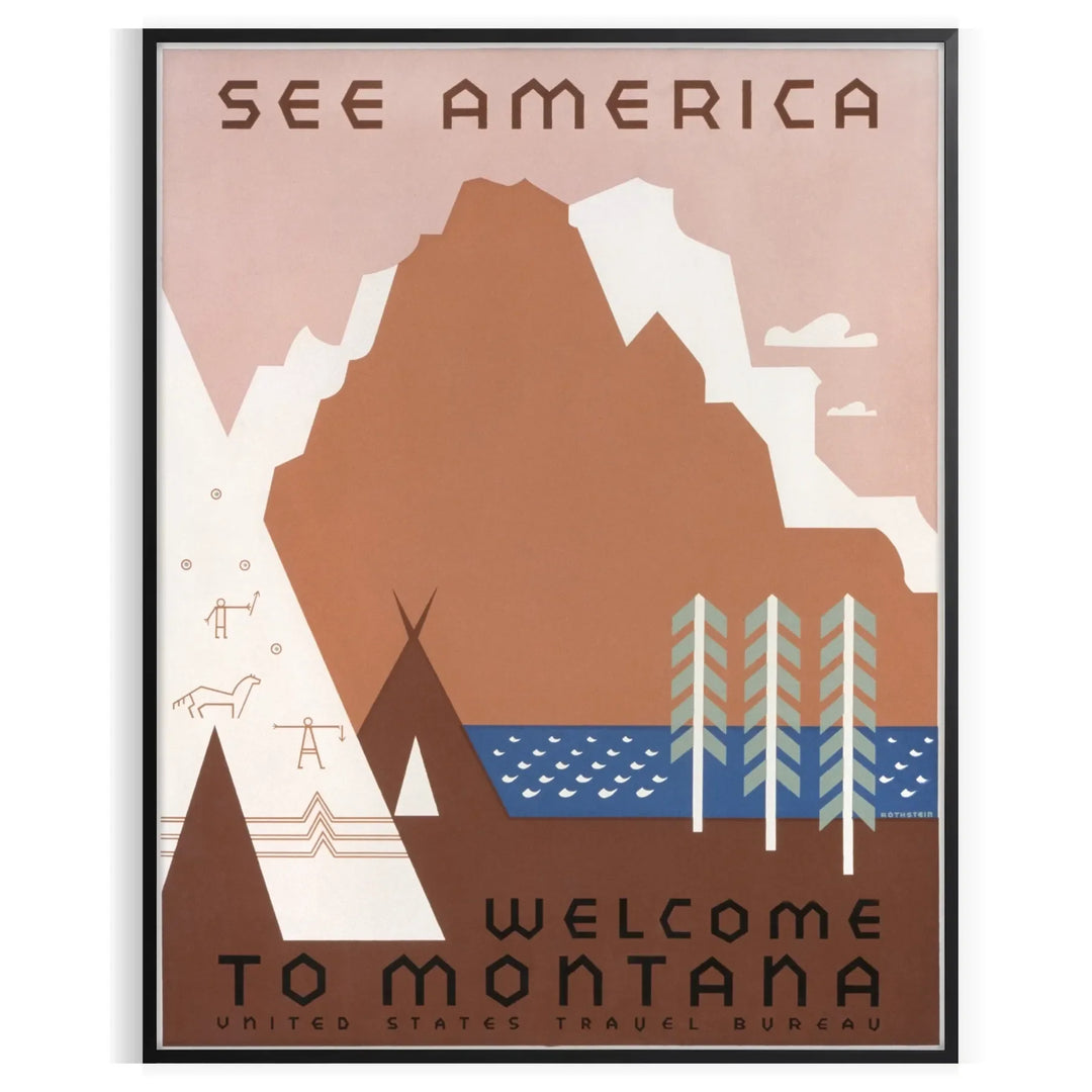 Vintage-style travel poster featuring the USA in muted gray and brown tones