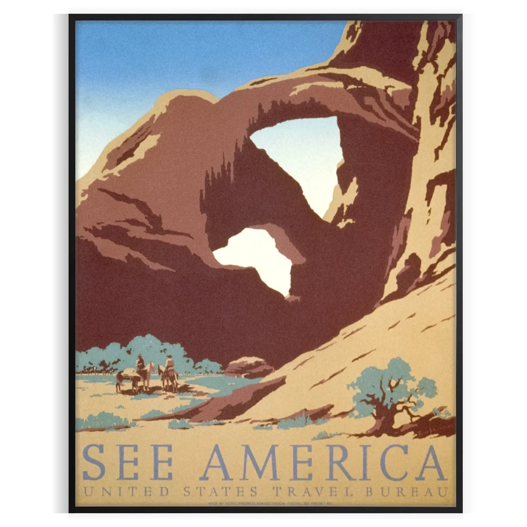 Travel poster featuring a serene landscape of America in gray and green tones