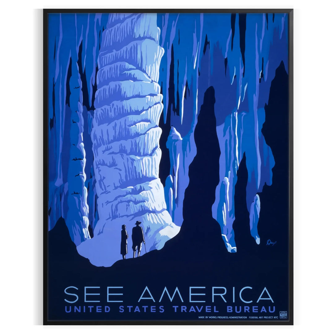 A vintage-style travel poster featuring iconic American landscapes in blue and black tones
