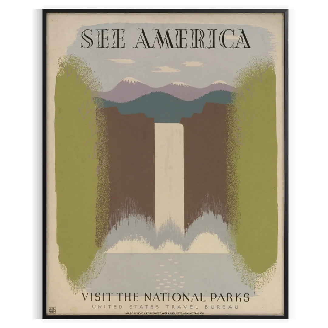 A vintage travel poster featuring the text 'See America' with green and gray landscapes.