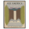 A vintage travel poster featuring the text 'See America' with green and gray landscapes. - in a black frame
