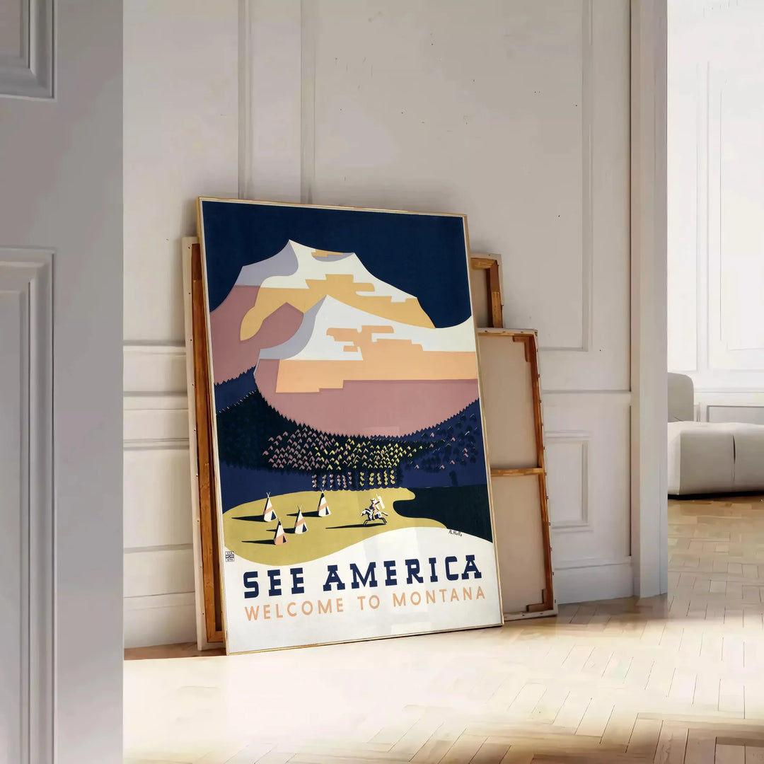 Montana landscape with mountains and trees in muted gray and black tones - leaning on a herringbone floor against a white panelled wall