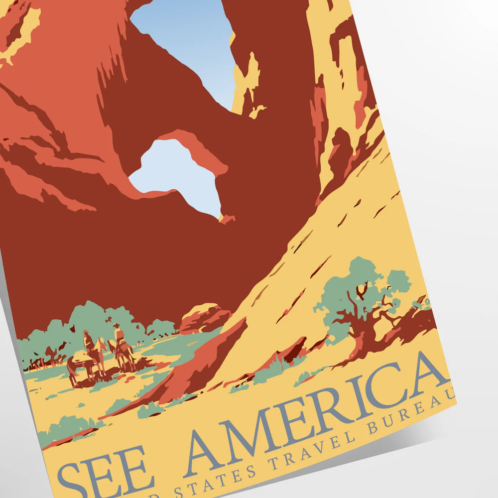 A retro travel poster featuring a yellow and blue landscape with mountains and a road