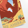 A retro travel poster featuring a yellow and blue landscape with mountains and a road - as a rolled, unframed print