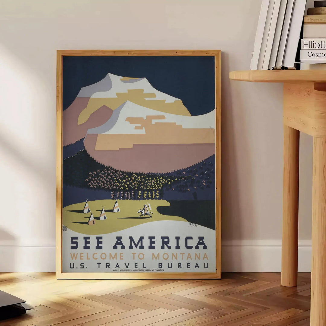 A vintage travel poster depicting serene landscapes of America in green and blue hues - beside a round wooden side table with books