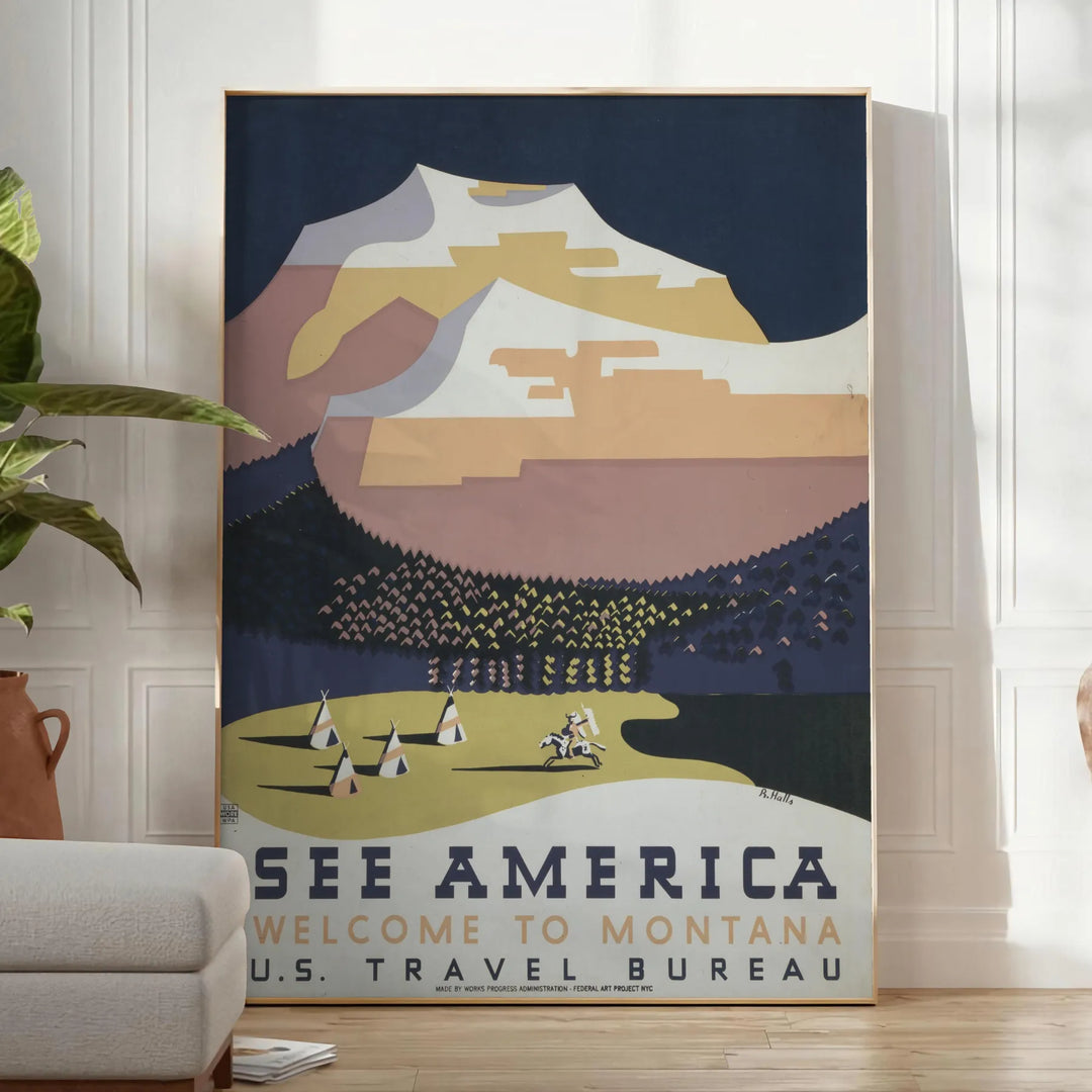 A vintage travel poster depicting serene landscapes of America in green and blue hues - in a bright minimalist room with a plant and an armchair