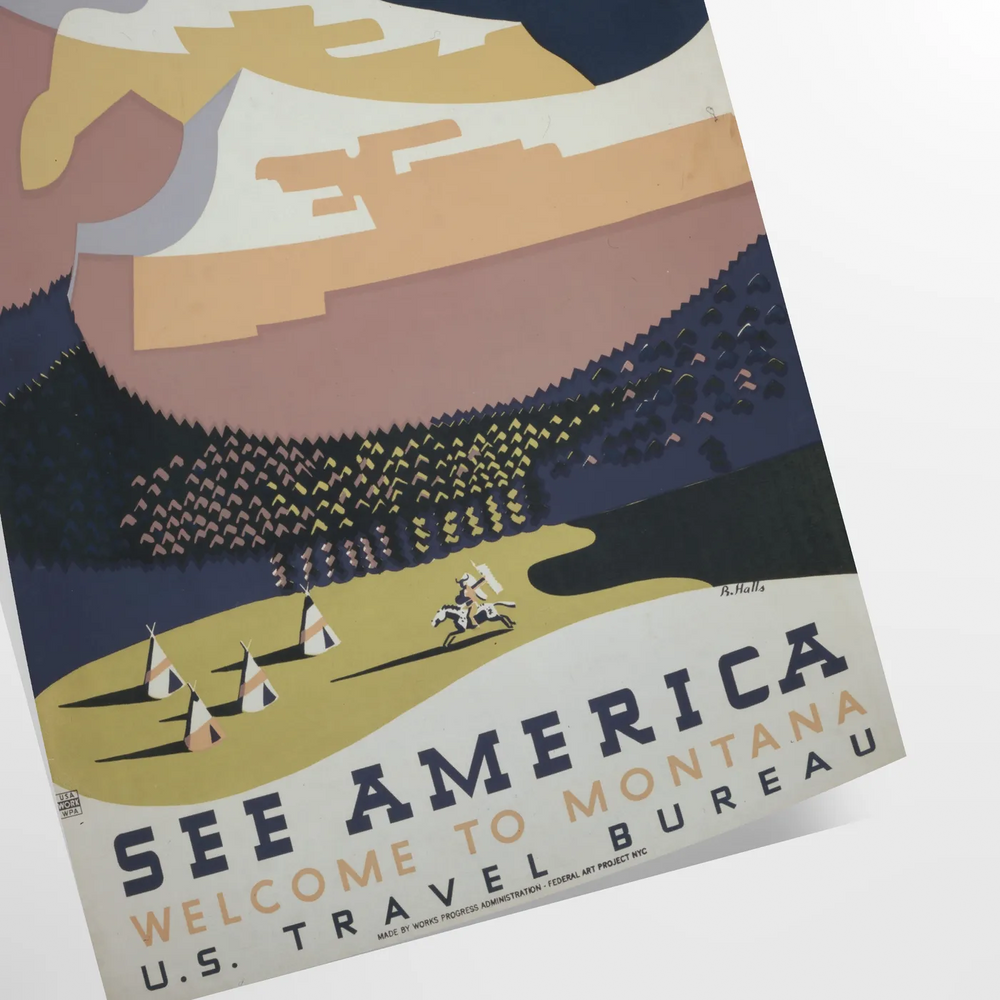 A vintage travel poster depicting serene landscapes of America in green and blue hues
