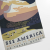 A vintage travel poster depicting serene landscapes of America in green and blue hues - as a rolled, unframed print