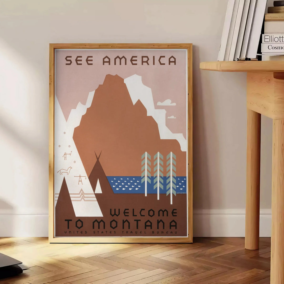 Vintage-style travel poster featuring the USA in muted gray and brown tones - beside a round wooden side table with books