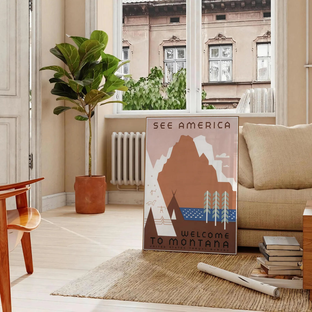 Vintage-style travel poster featuring the USA in muted gray and brown tones - in a Parisian living room with a sofa and a fig plant