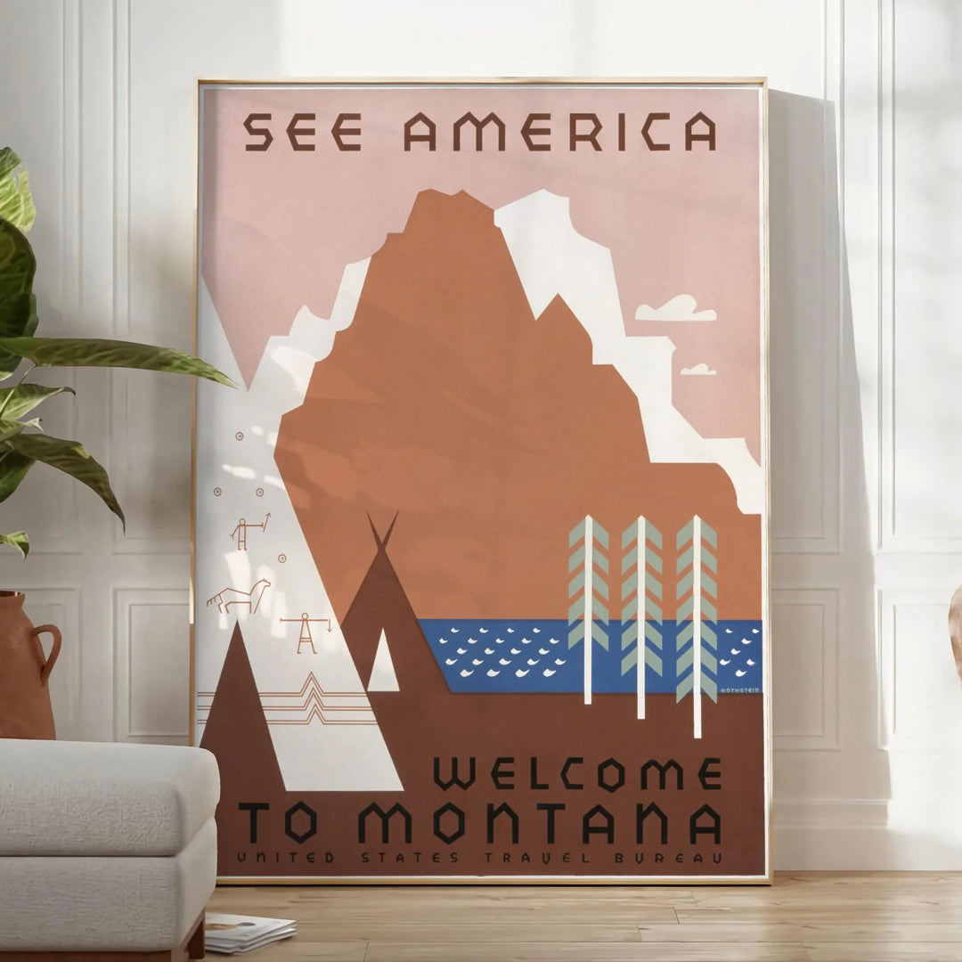 Vintage-style travel poster featuring the USA in muted gray and brown tones - in a bright minimalist room with a plant and an armchair