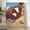 Travel poster featuring a serene landscape of America in gray and green tones - in a bright minimalist room with a plant and an armchair