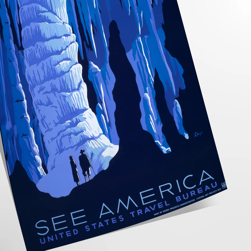 A vintage-style travel poster featuring iconic American landscapes in blue and black tones