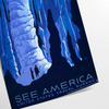 A vintage-style travel poster featuring iconic American landscapes in blue and black tones - as a rolled, unframed print
