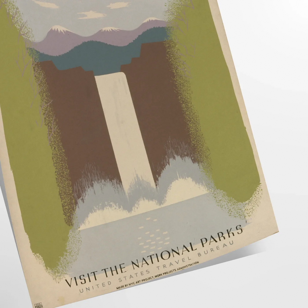 A vintage travel poster featuring the text 'See America' with green and gray landscapes.