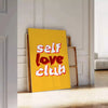 Abstract design featuring the phrase 'Self Love Club' in bold typography with warm orange and red tones - leaning on a herringbone floor against a white panelled wall
