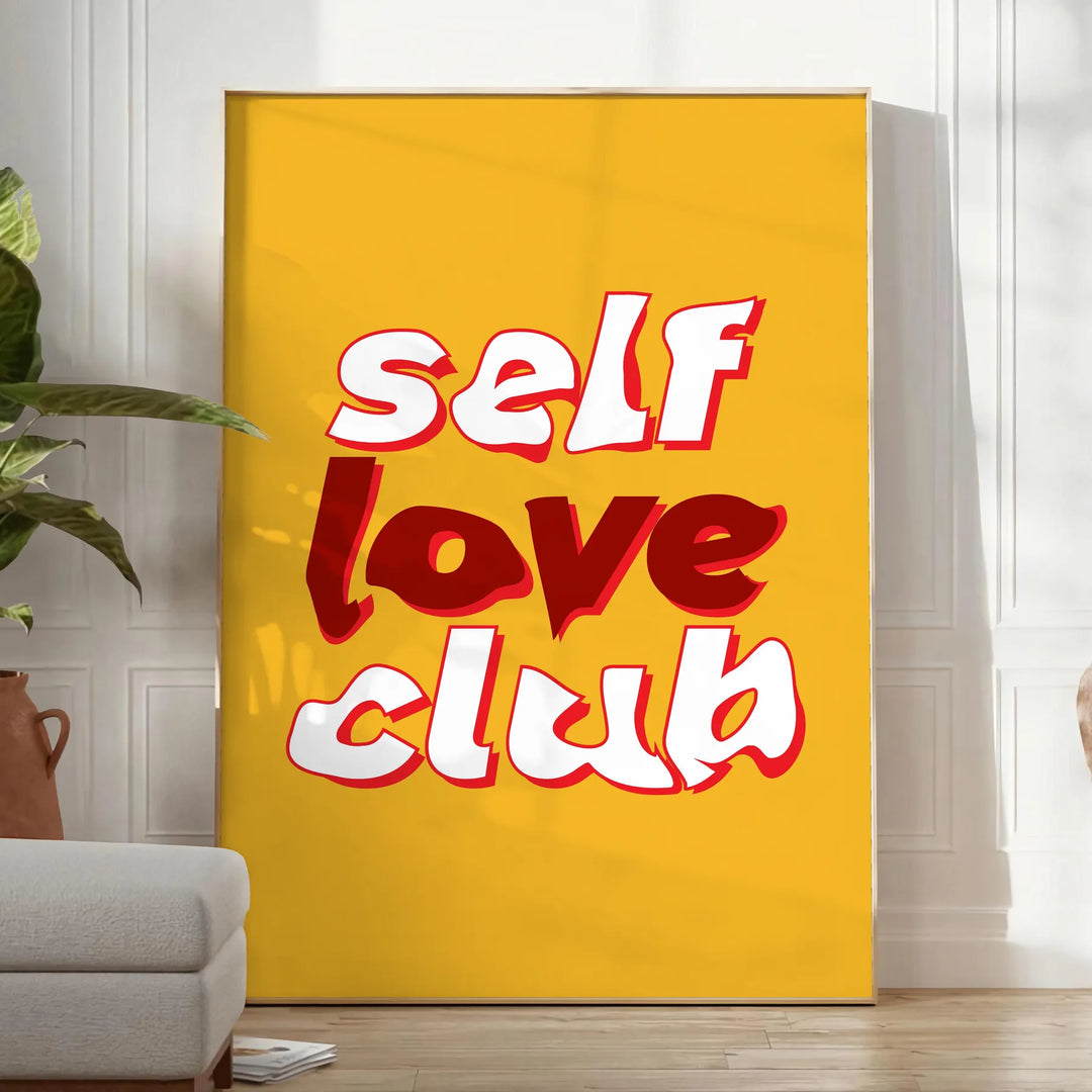 Abstract design featuring the phrase 'Self Love Club' in bold typography with warm orange and red tones - in a bright minimalist room with a plant and an armchair