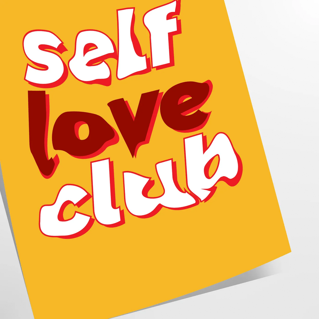 Abstract design featuring the phrase 'Self Love Club' in bold typography with warm orange and red tones