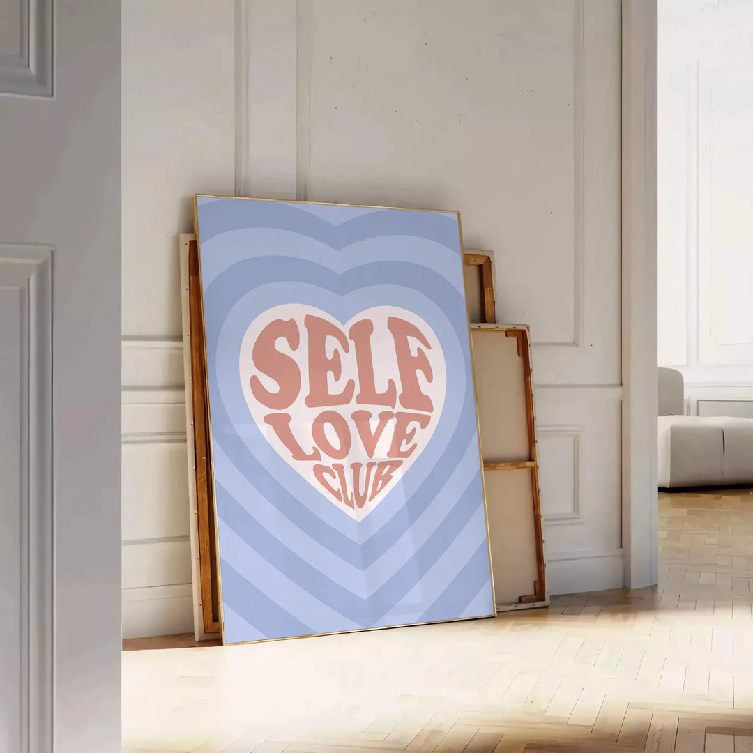 Abstract design with brown and blue hues promoting self-love and positivity - leaning on a herringbone floor against a white panelled wall