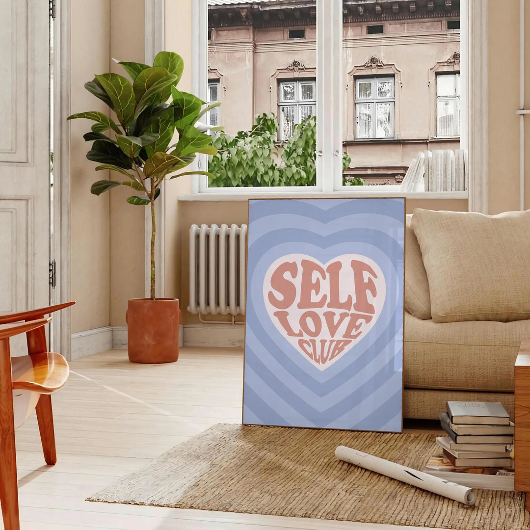 Abstract design with brown and blue hues promoting self-love and positivity - in a Parisian living room with a sofa and a fig plant