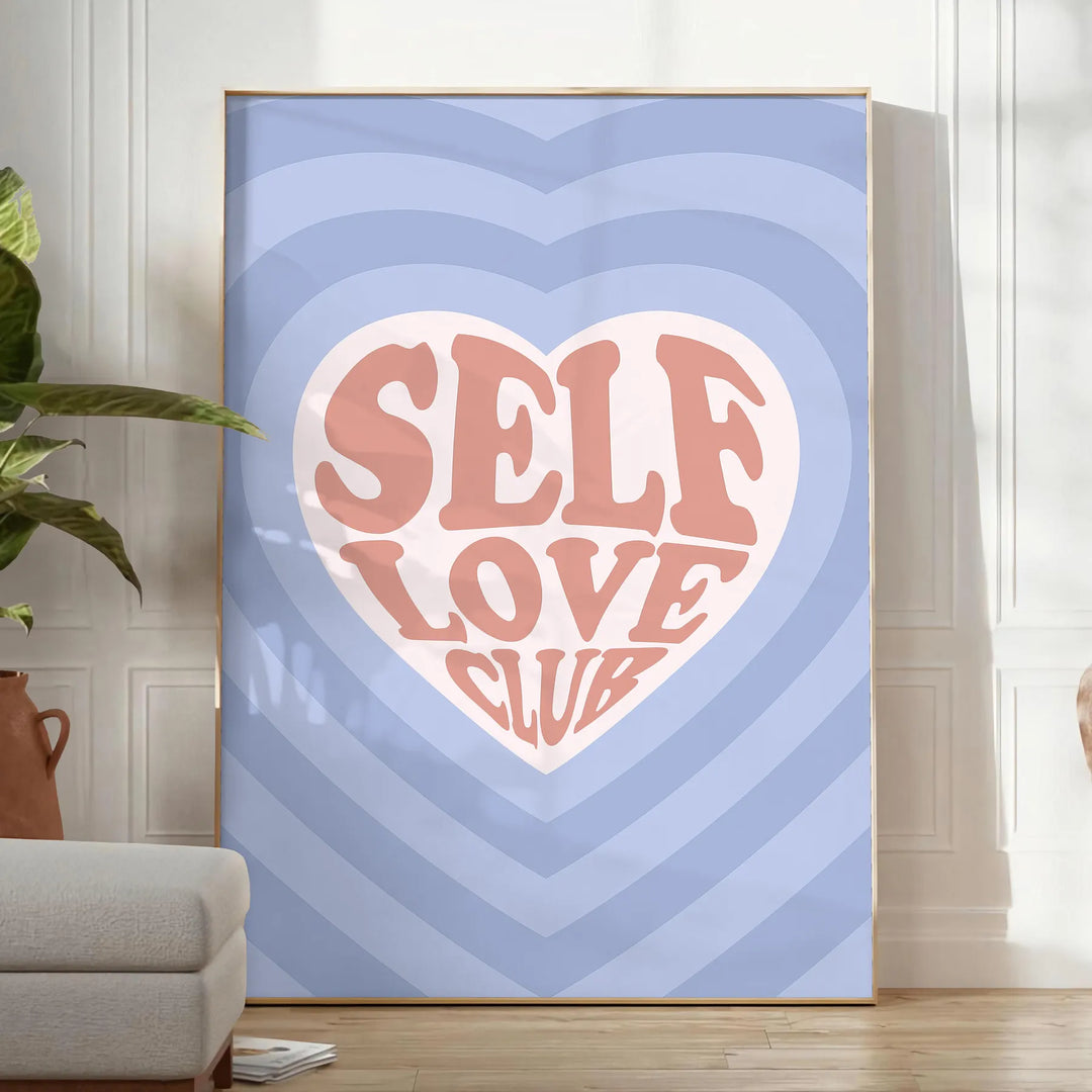 Abstract design with brown and blue hues promoting self-love and positivity - in a bright minimalist room with a plant and an armchair