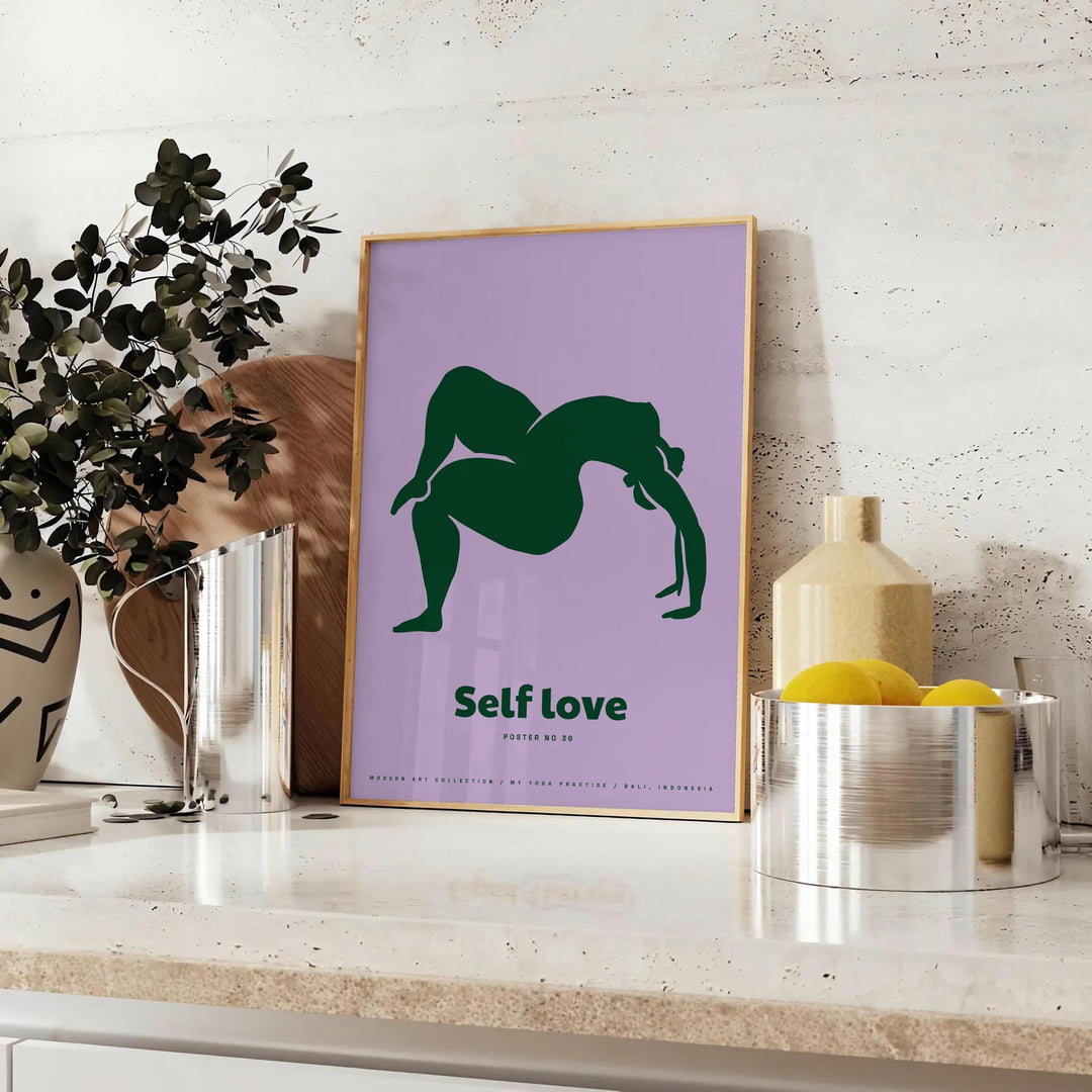 A serene yoga pose silhouette against calming green and blue tones - styled on a counter with eucalyptus and a bowl of lemons