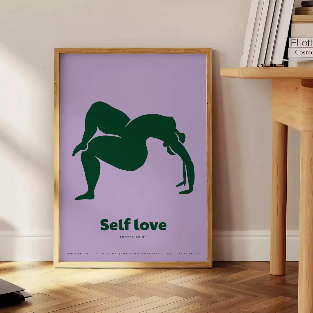 A serene yoga pose silhouette against calming green and blue tones - beside a round wooden side table with books