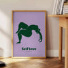 A serene yoga pose silhouette against calming green and blue tones - beside a round wooden side table with books