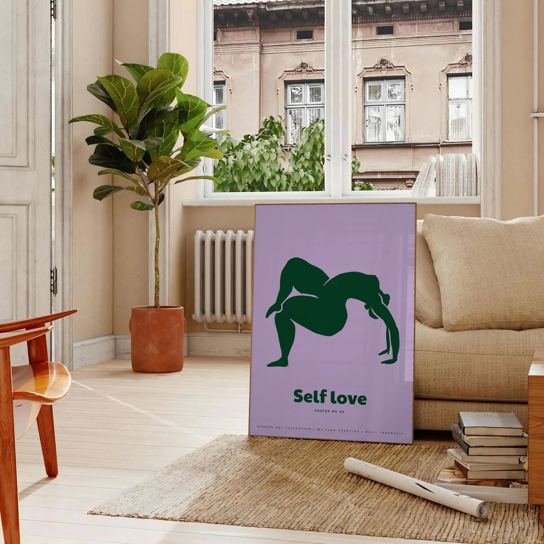 A serene yoga pose silhouette against calming green and blue tones - in a Parisian living room with a sofa and a fig plant