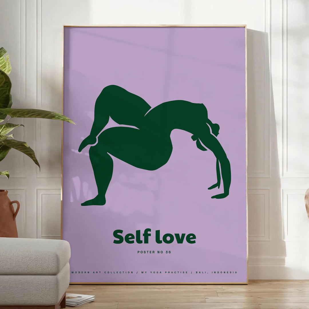 A serene yoga pose silhouette against calming green and blue tones - in a bright minimalist room with a plant and an armchair