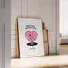 Minimalist poster featuring the phrase 'Self Love Social Club' in bold typography against a gray background - leaning on a herringbone floor against a white panelled wall