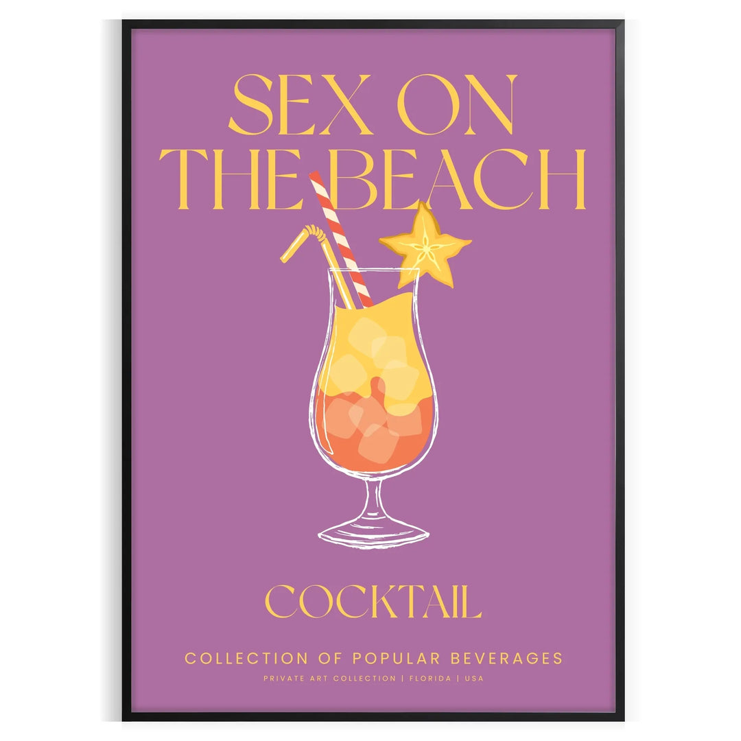 A colorful illustration of a Sex On The Beach cocktail with orange and yellow hues