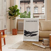 Abstract shapes in black and orange with a bohemian style - in a Parisian living room with a sofa and a fig plant