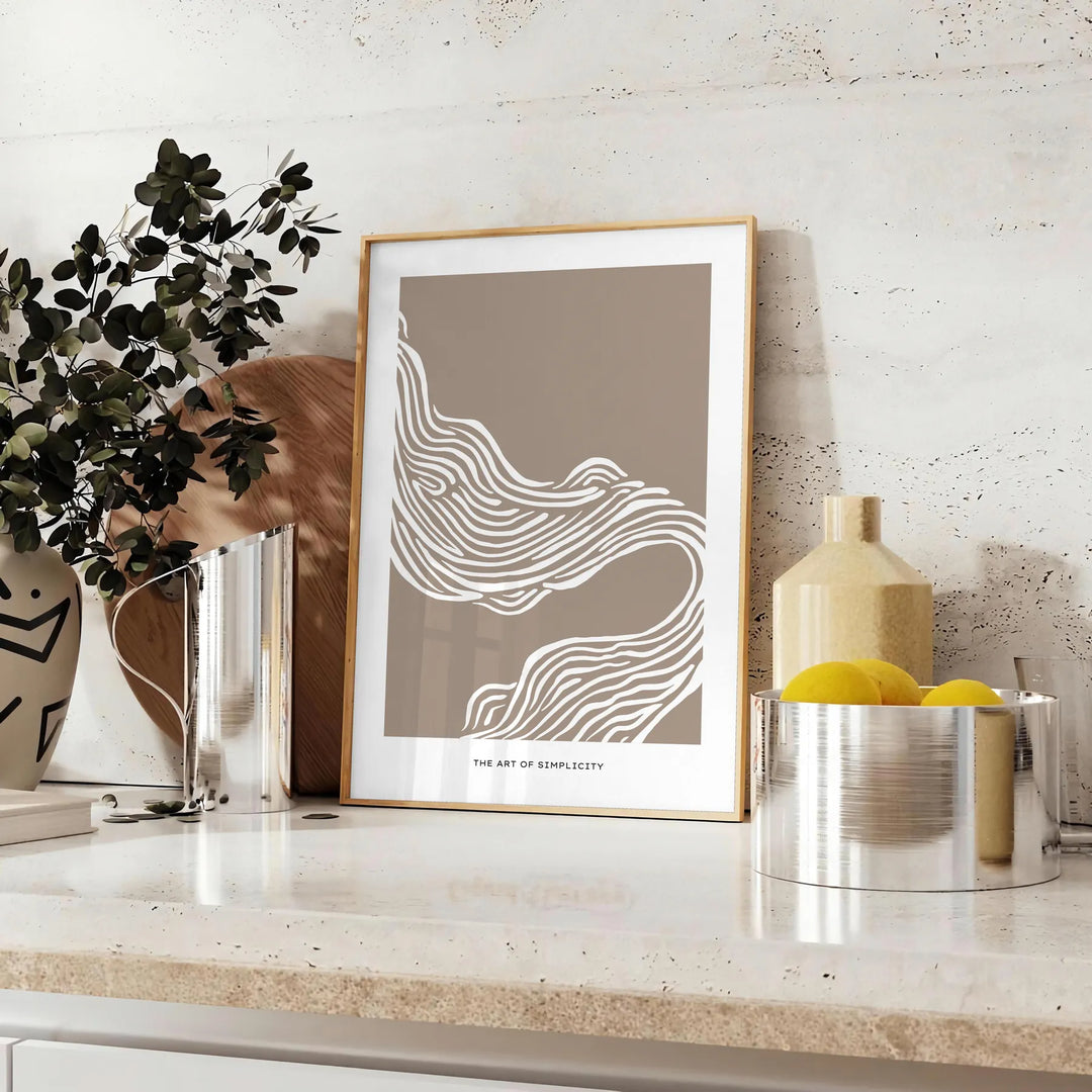 Abstract boho art featuring unique shapes in earthy tones - styled on a counter with eucalyptus and a bowl of lemons