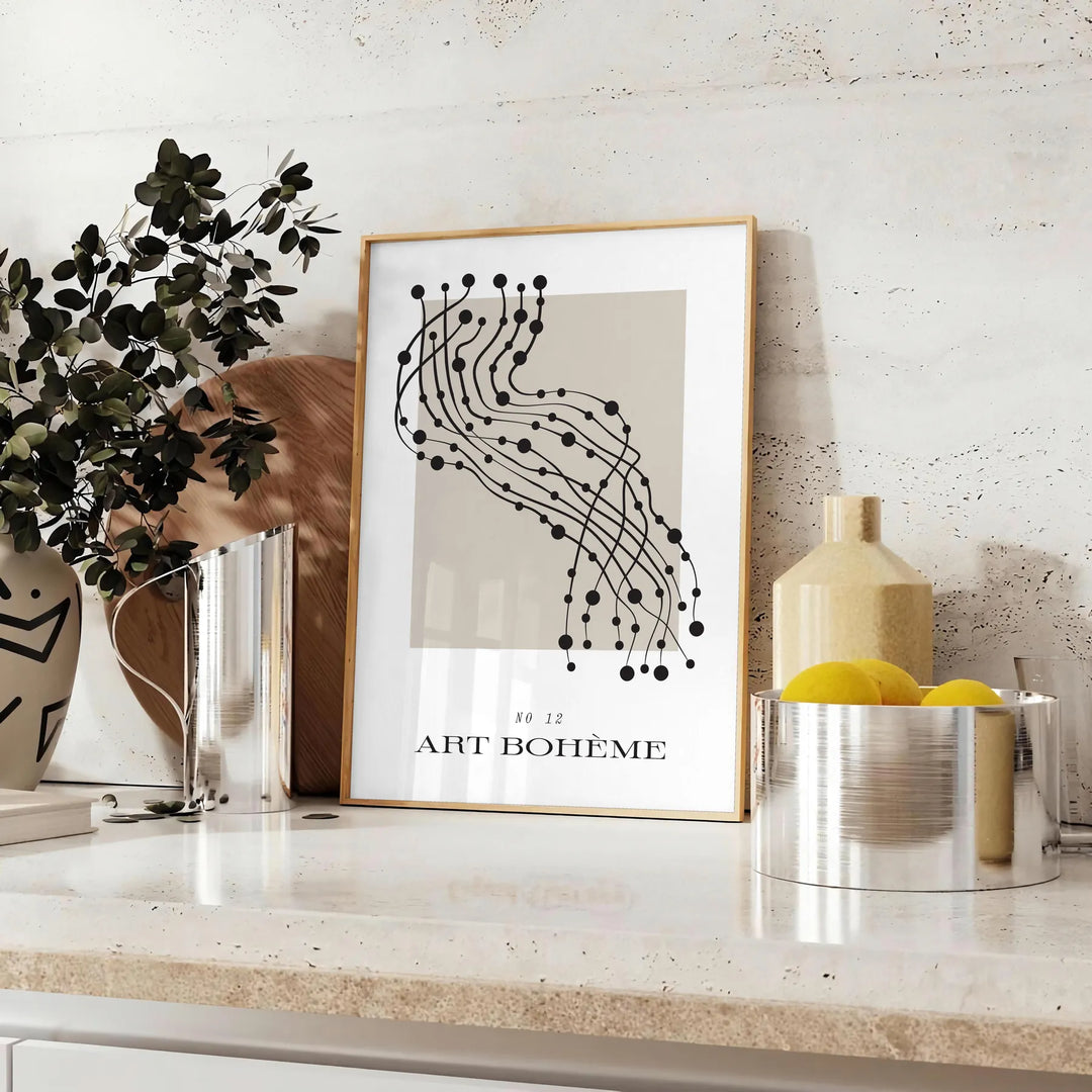 Intricate boho shapes in earthy tones on a textured background - styled on a counter with eucalyptus and a bowl of lemons