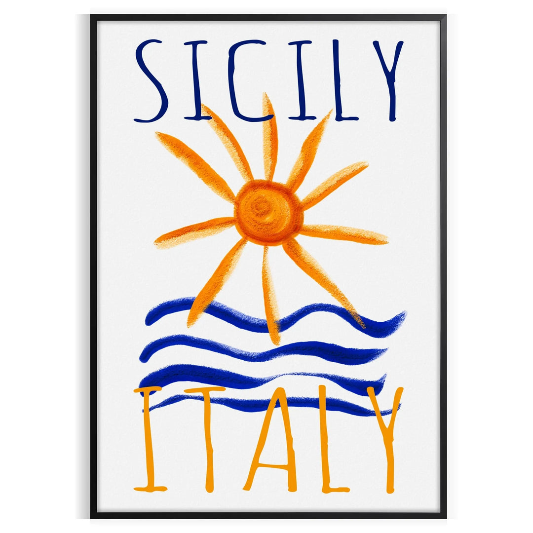 Vintage poster featuring Sicily, Italy with blue and orange hues