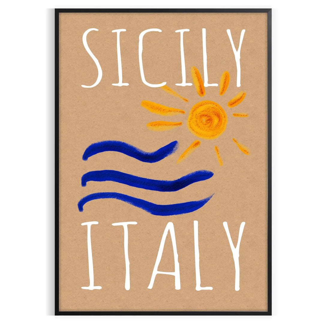 Vintage poster featuring Sicily with blue and orange tones