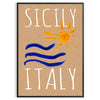 Vintage poster featuring Sicily with blue and orange tones - in a black frame