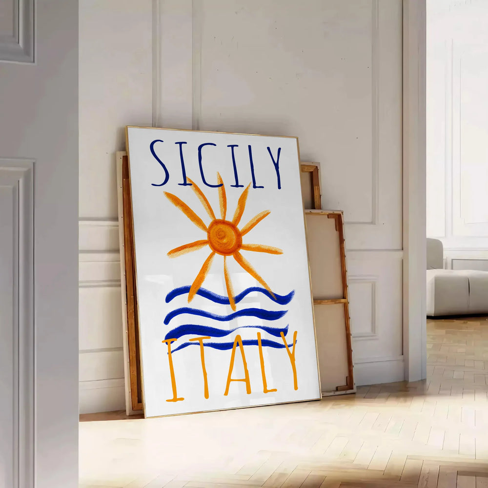 Vintage poster featuring Sicily, Italy with blue and orange hues