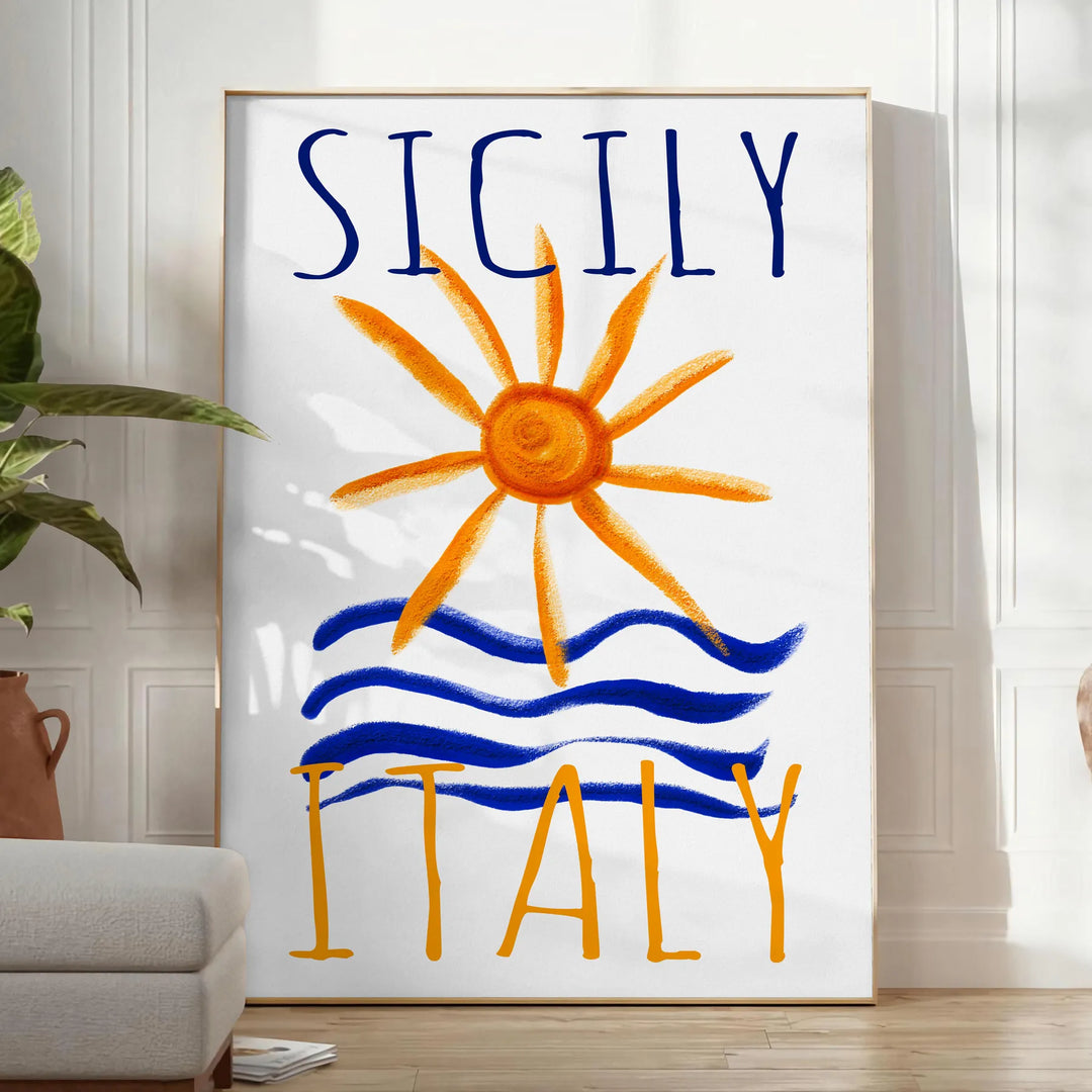 Vintage poster featuring Sicily, Italy with blue and orange hues - in a bright minimalist room with a plant and an armchair