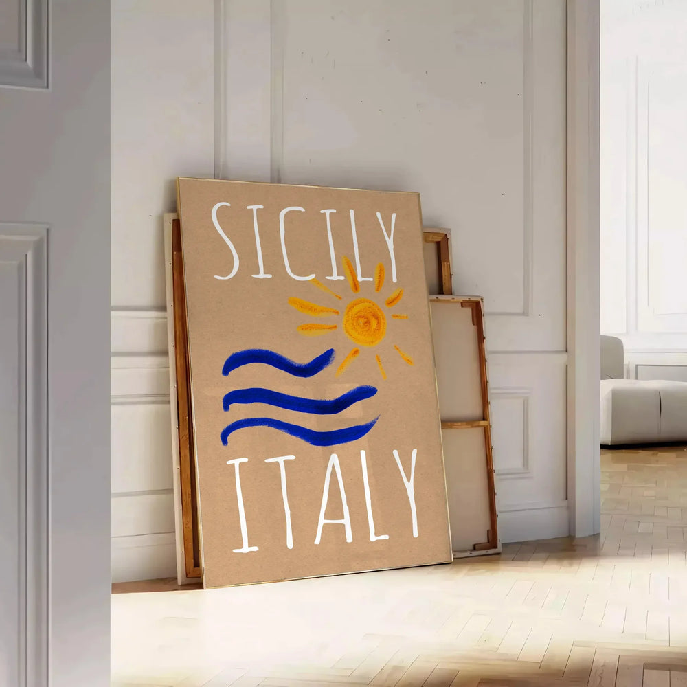 Vintage poster featuring Sicily with blue and orange tones