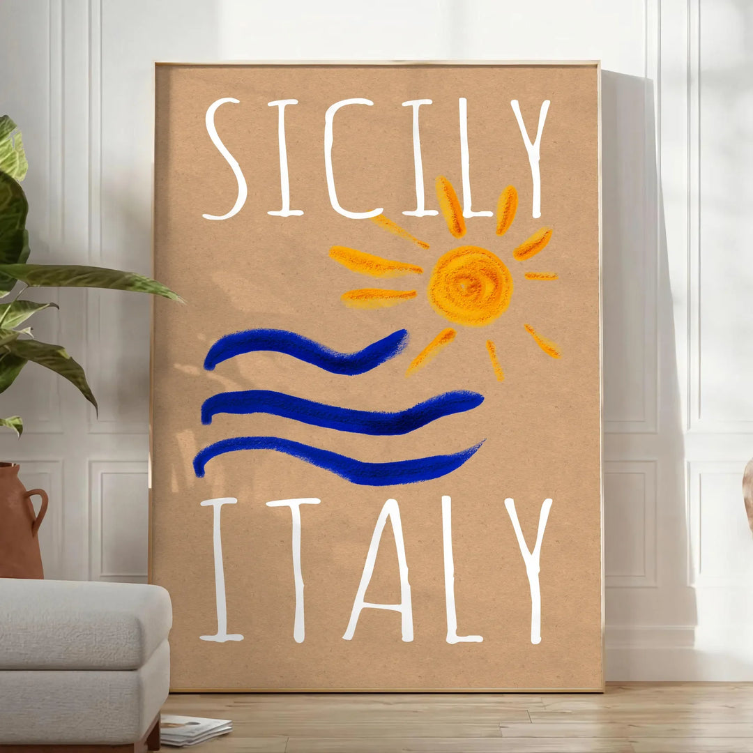 Vintage poster featuring Sicily with blue and orange tones - in a bright minimalist room with a plant and an armchair
