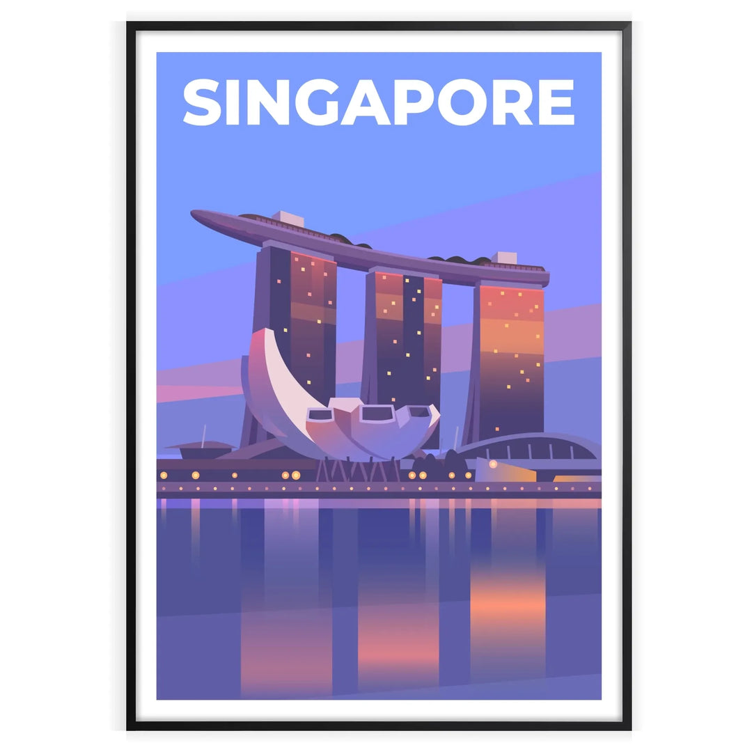 A travel poster featuring Singapore's skyline in red and gray tones - in a black frame