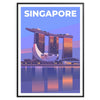 A travel poster featuring Singapore's skyline in red and gray tones - in a black frame