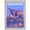 A travel poster featuring Singapore's skyline in red and gray tones - in a walnut frame