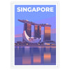 A travel poster featuring Singapore's skyline in red and gray tones - in a white frame