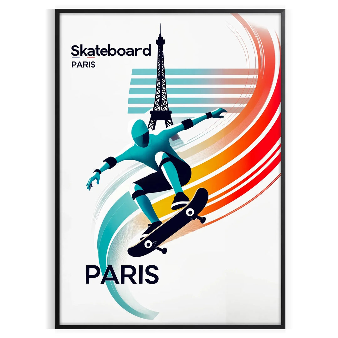 Graphic design featuring a skateboard in front of the Paris skyline
