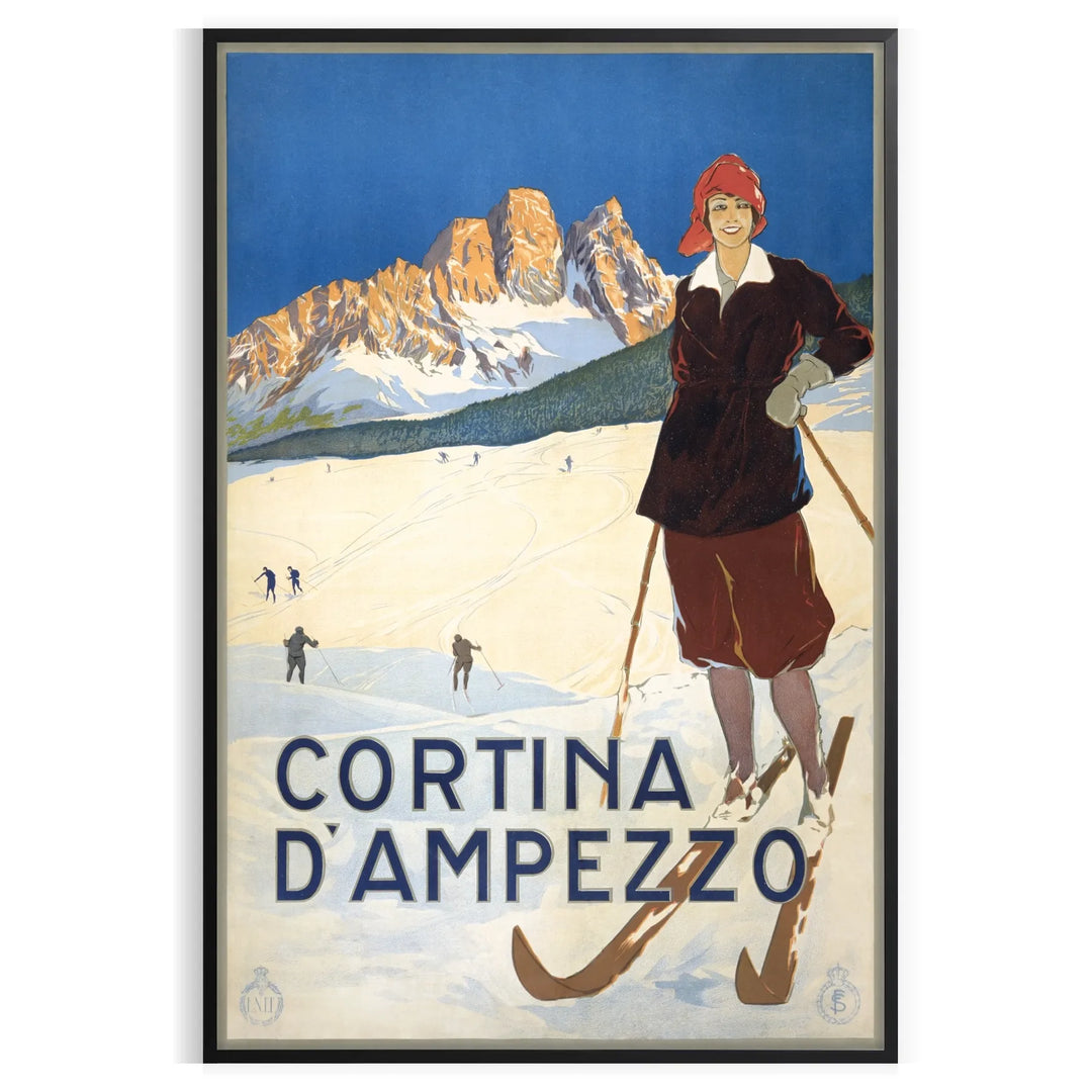 A vintage-style ski travel poster featuring snowy mountains and a bright blue sky