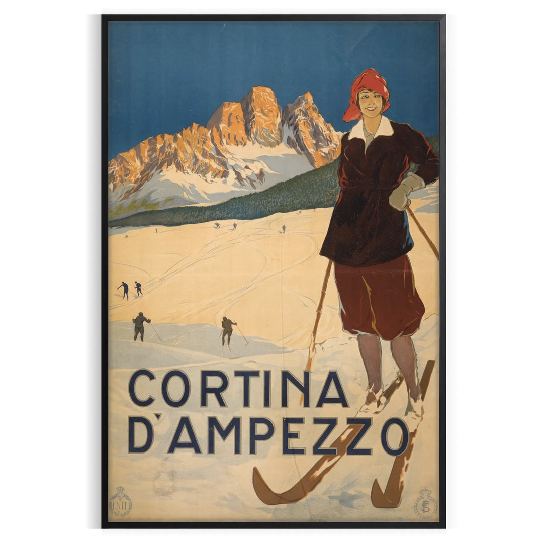 A ski scene with snow-covered mountains and pine trees in green and blue tones